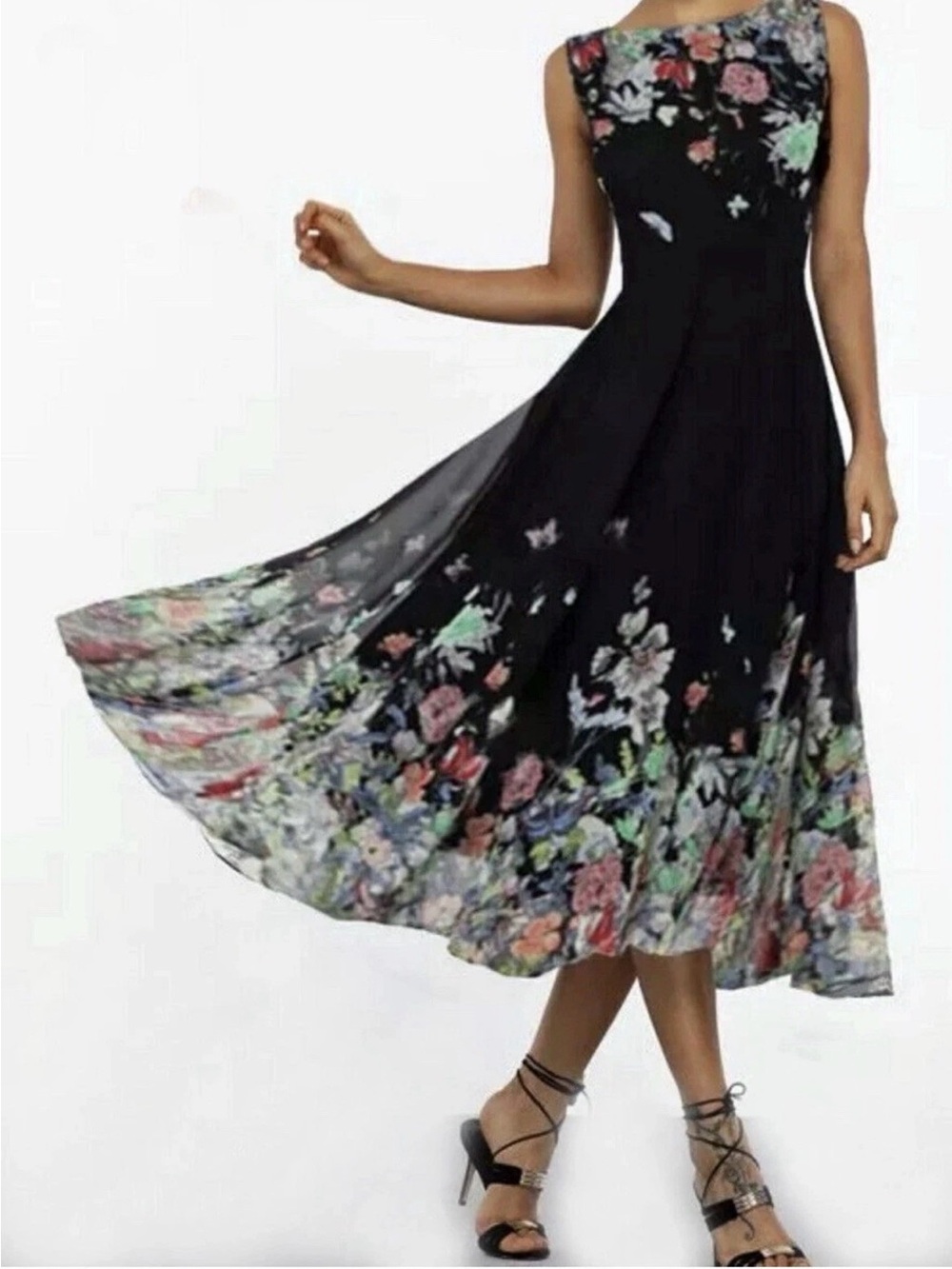 NWT Floryday Black Floral Butterfly Chiffon Midi Dress Fit & Flare Size Small